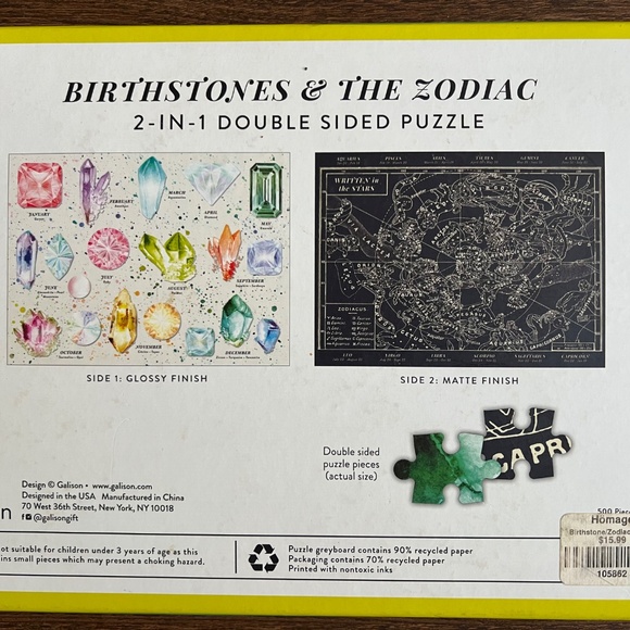 Galison Birthstones and the Zodiac 500 Piece 2 in 1 Double Sided Puzzle - Picture 2 of 3